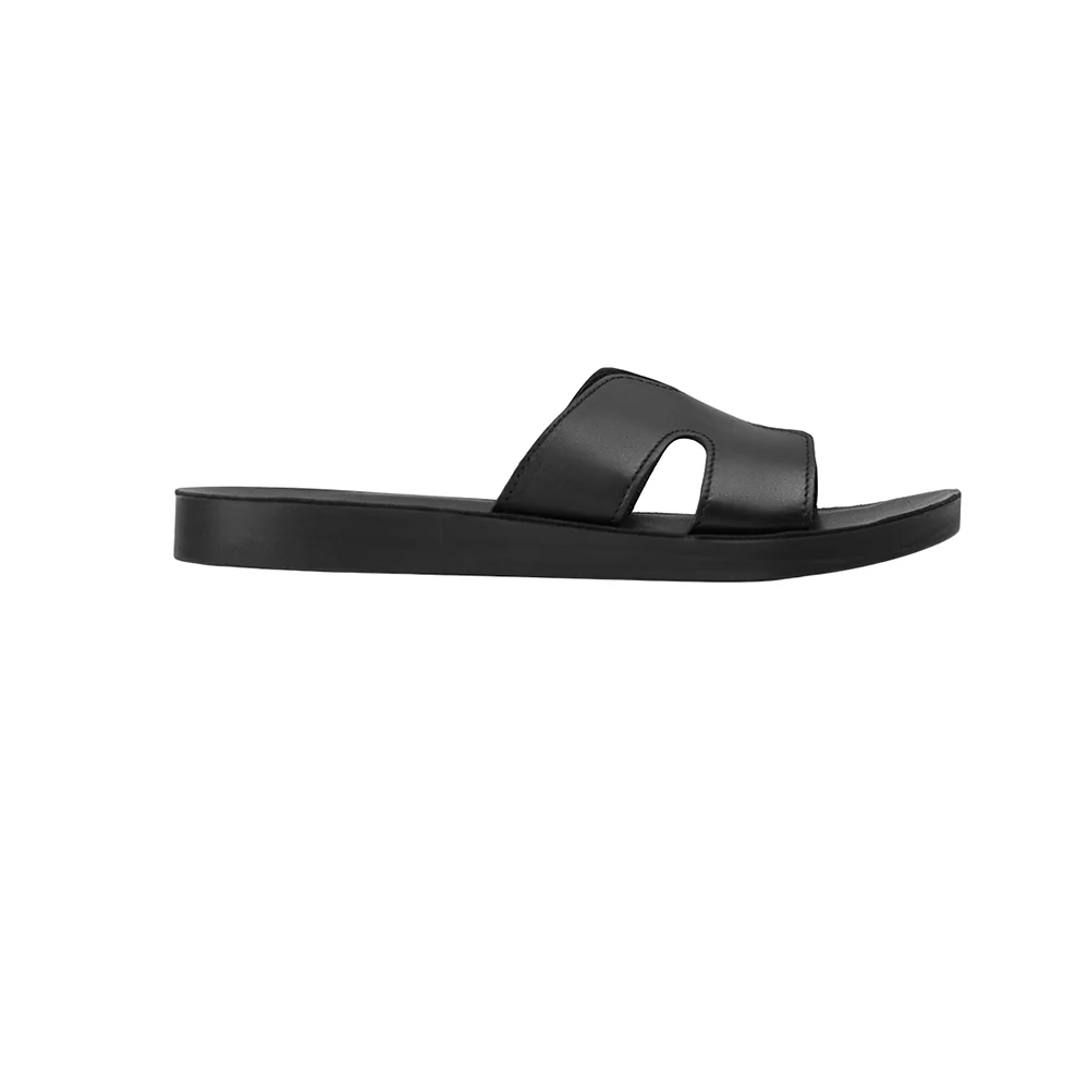 Black Flat Slide Leather Sandals - Image 5
