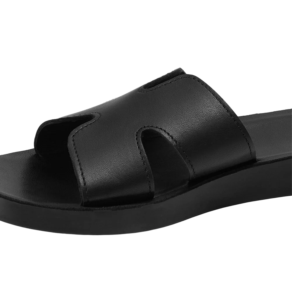 Black Flat Slide Leather Sandals - Image 7