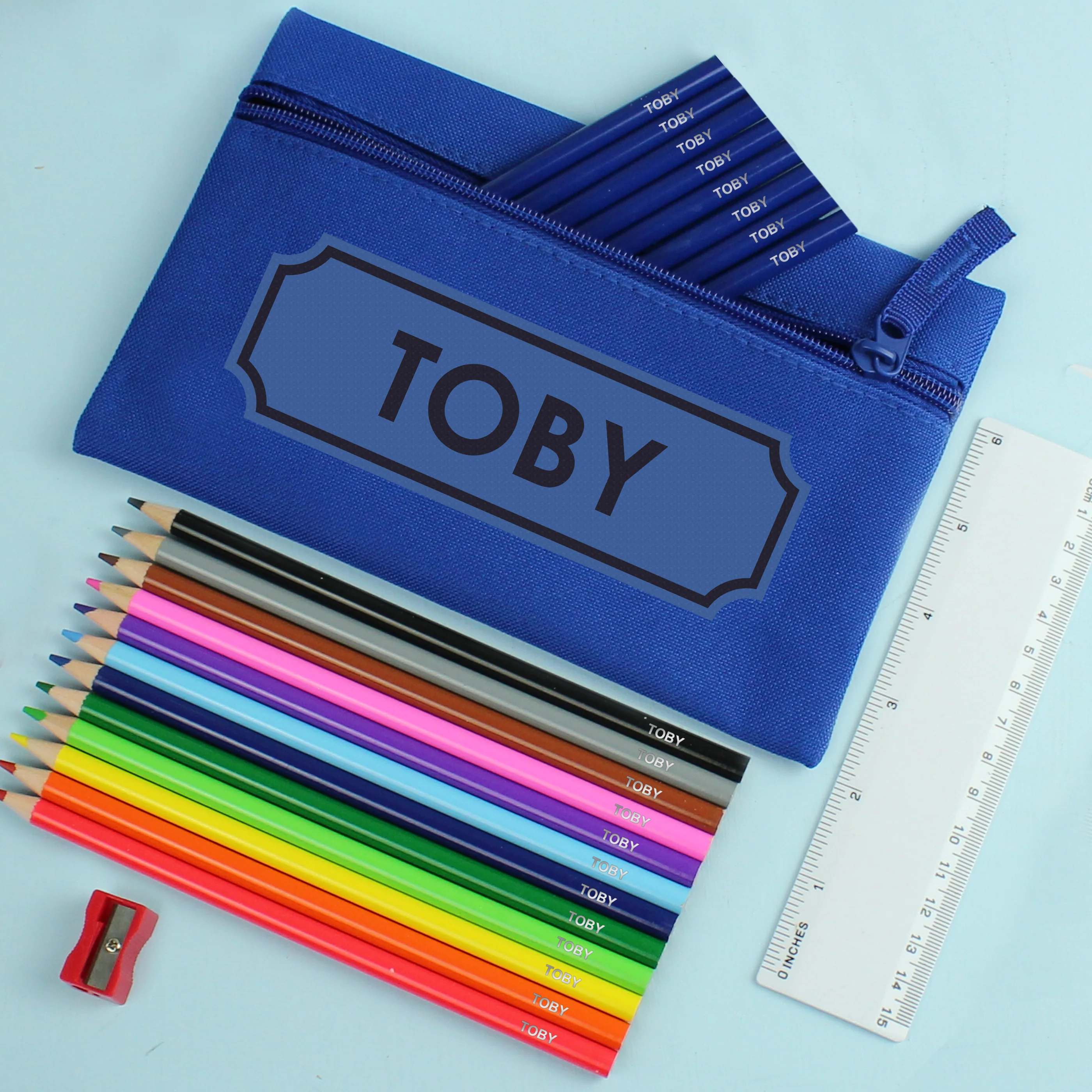 Blue Pencil Case with Personalised Pencils & Crayons - Image 2