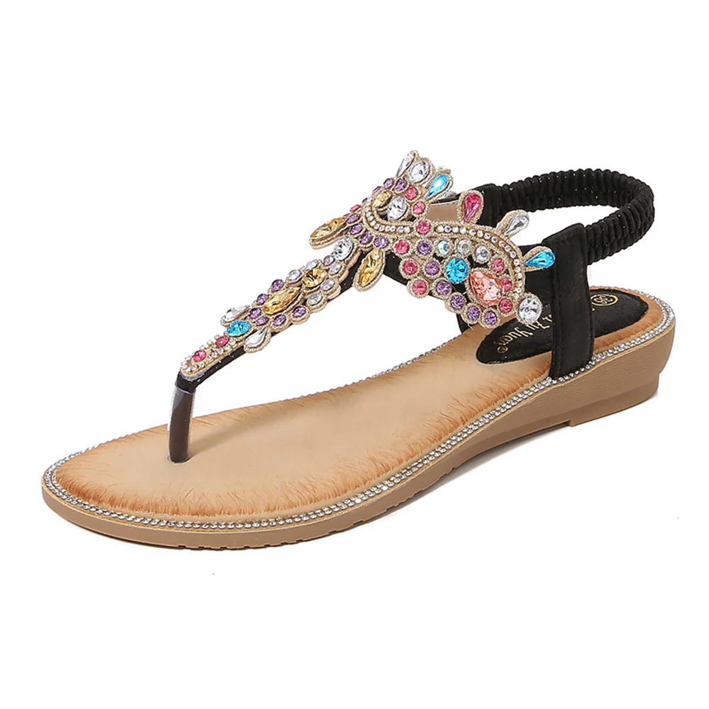 Bohemian Rhinestone Beach Sandals - Black - Image 3