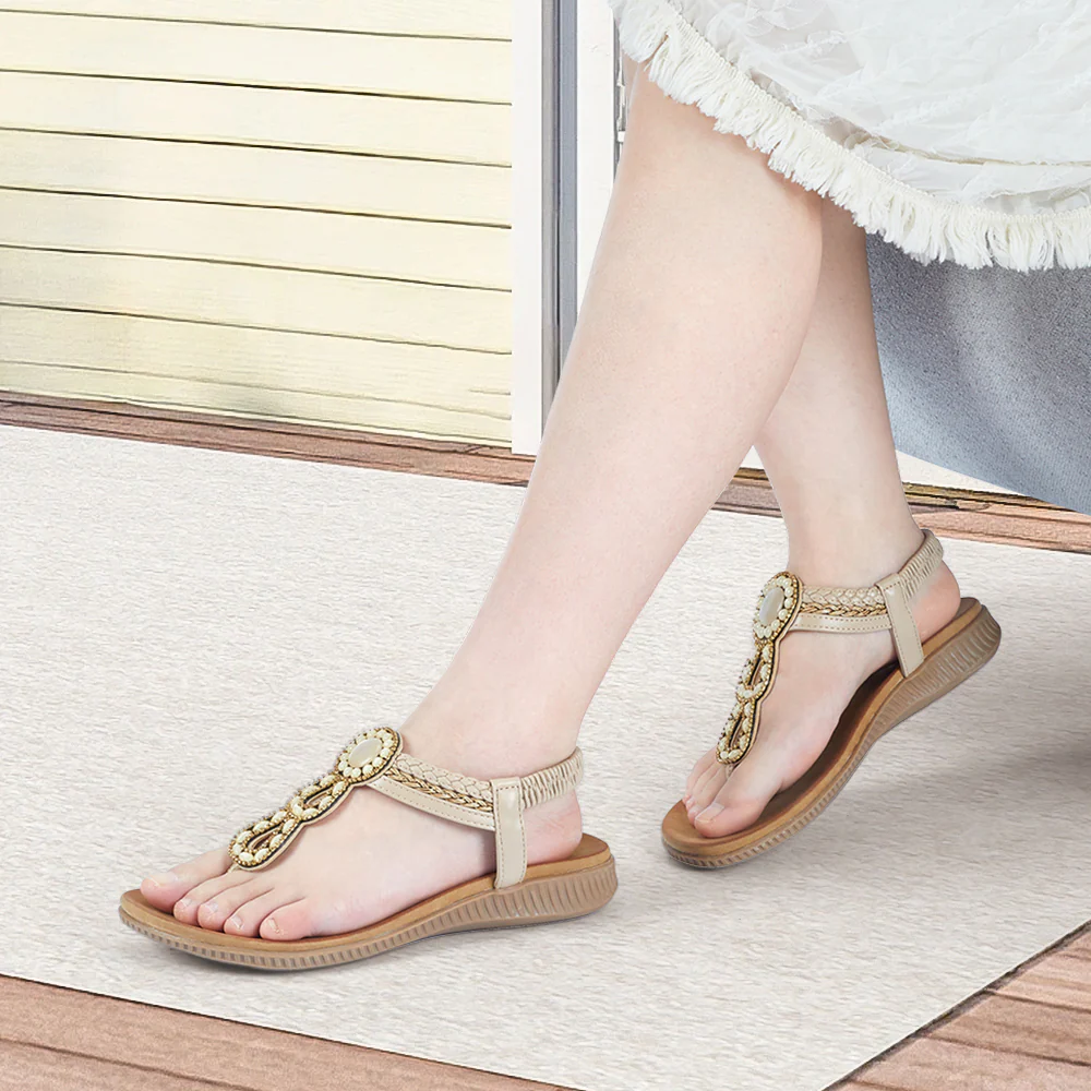 Boho Casual Rhinestone Beach Sandals - Beige - Image 2