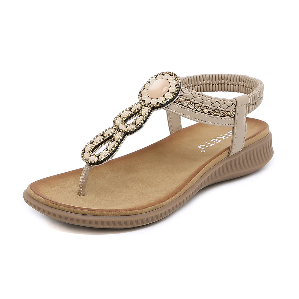 Boho Casual Rhinestone Beach Sandals - Beige - Image 3