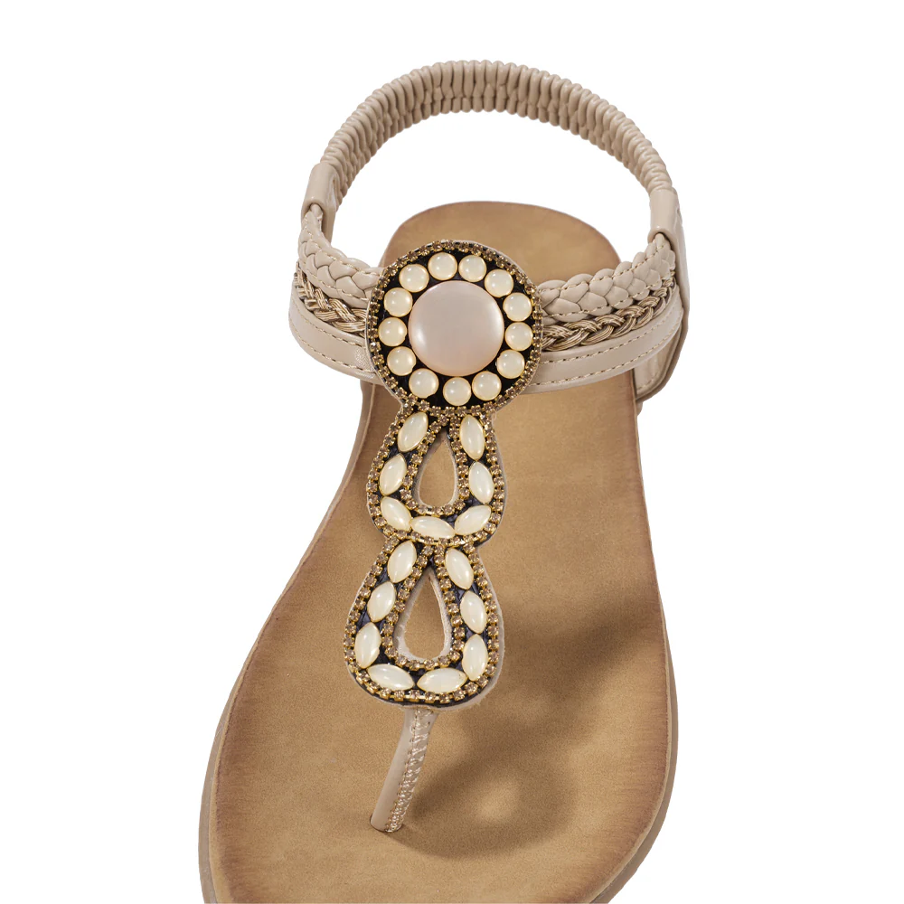 Boho Casual Rhinestone Beach Sandals - Beige - Image 4