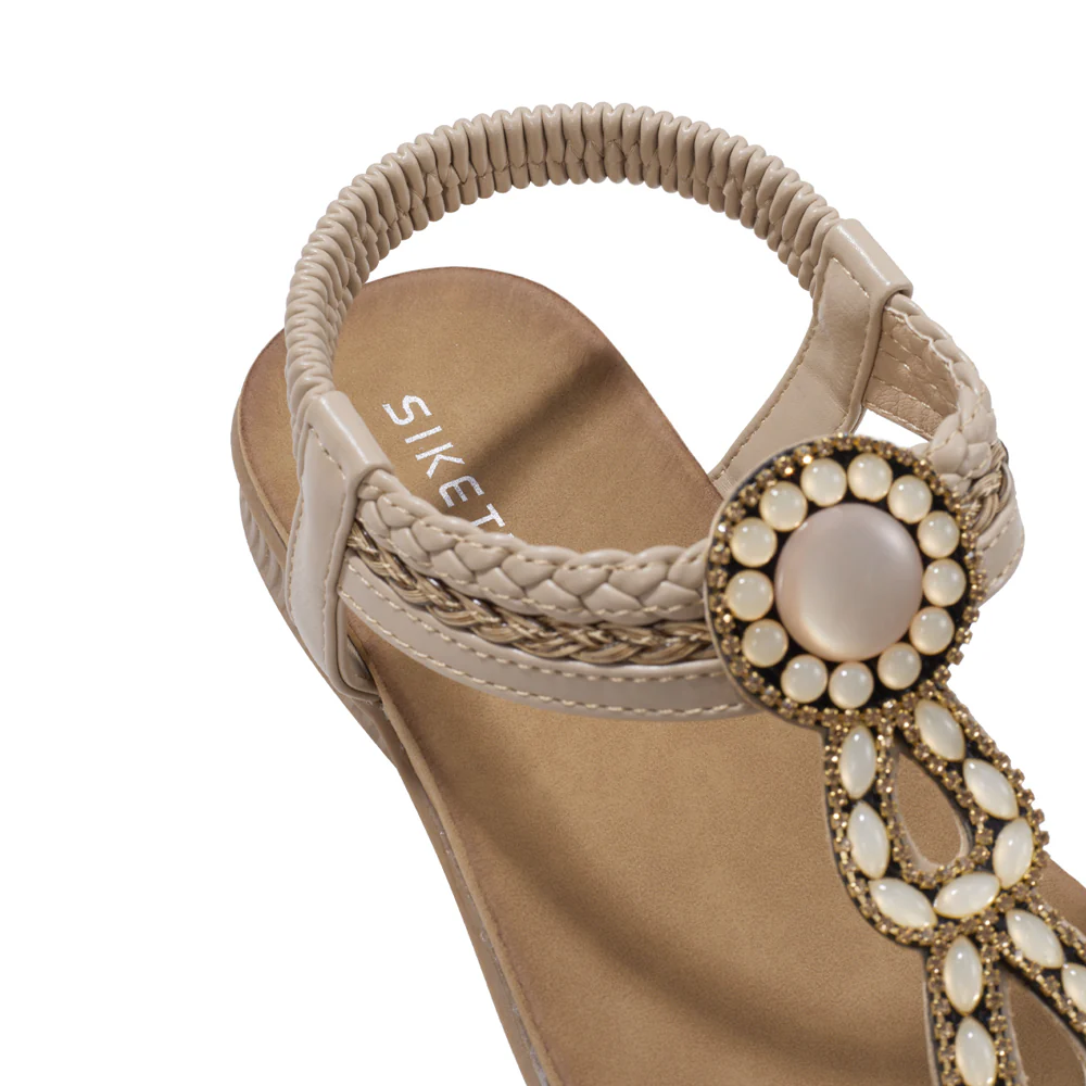 Boho Casual Rhinestone Beach Sandals - Beige - Image 5