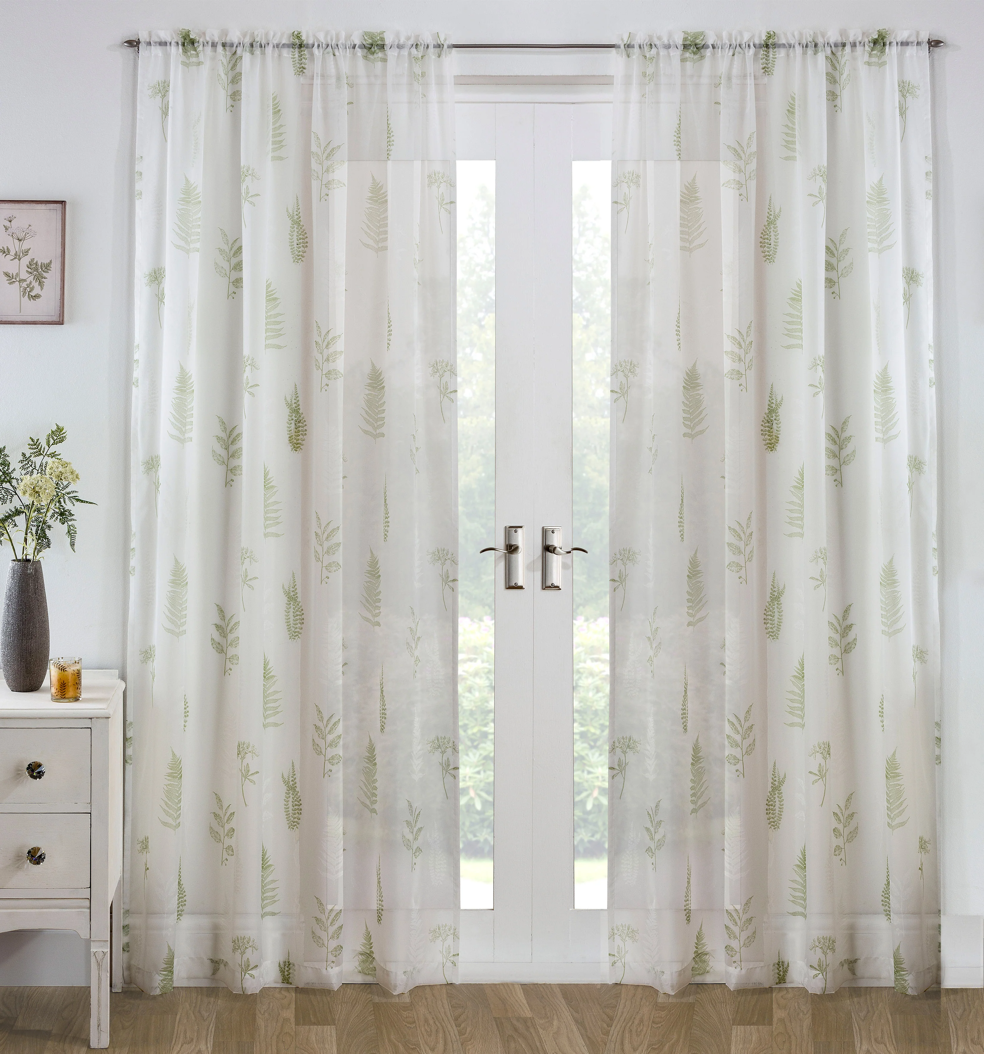 Bracken Green Leaf Print Linen-Look Voile Panel - Pair