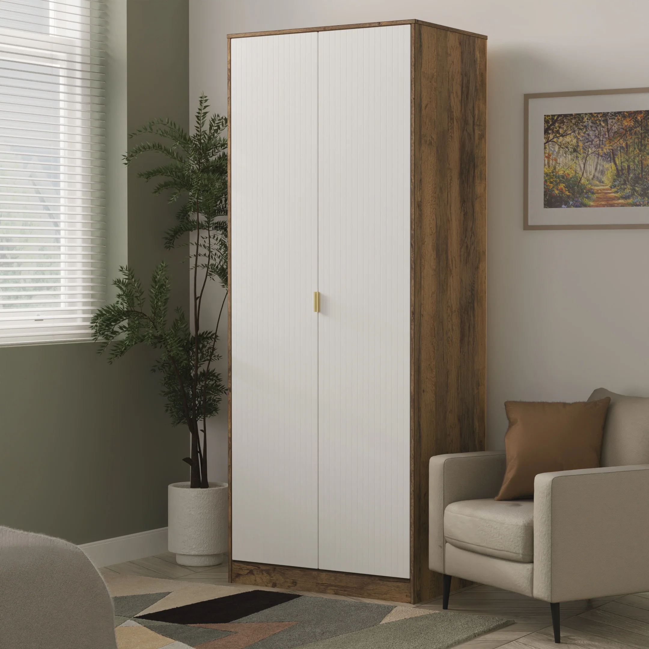 Breda Ready Assembled 2 Door Wardrobe in White Matt & Vintage Oak