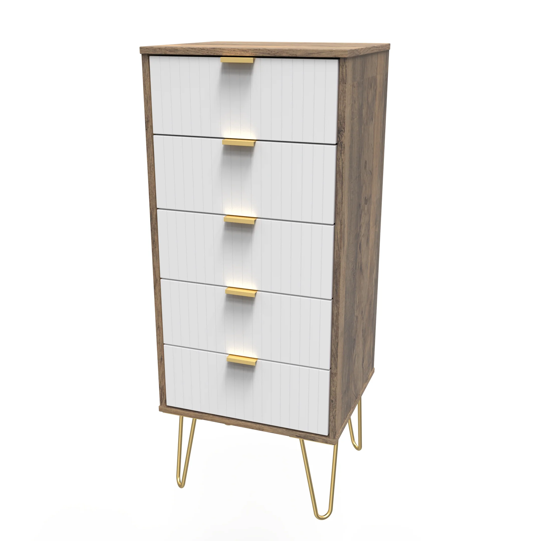 Breda Ready Assembled 5 Drawer Tallboy in White Matt & Vintage Oak - Image 4