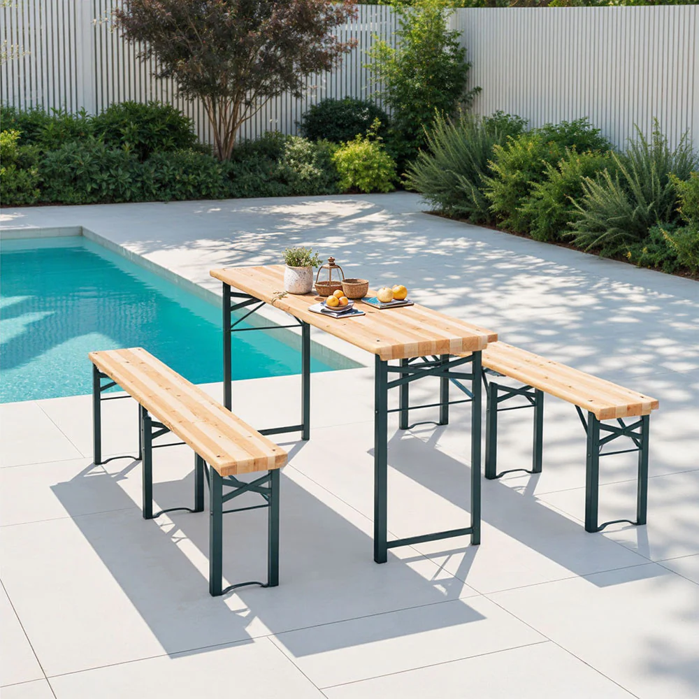 Breeins 3-Piece Outdoor Wooden Foldable Table Benches Set - Image 2
