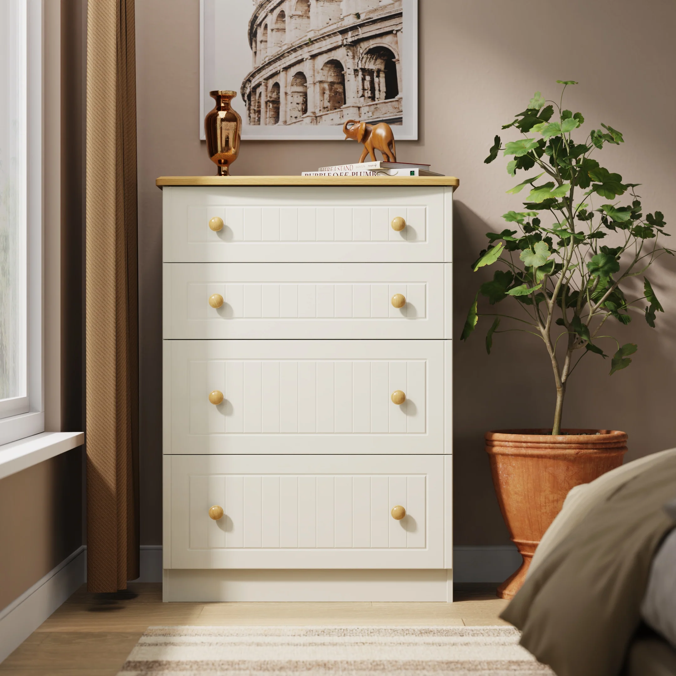Byland Ready Assembled 4 Drawer Deep Chest in Cream Ash & Modern Oak