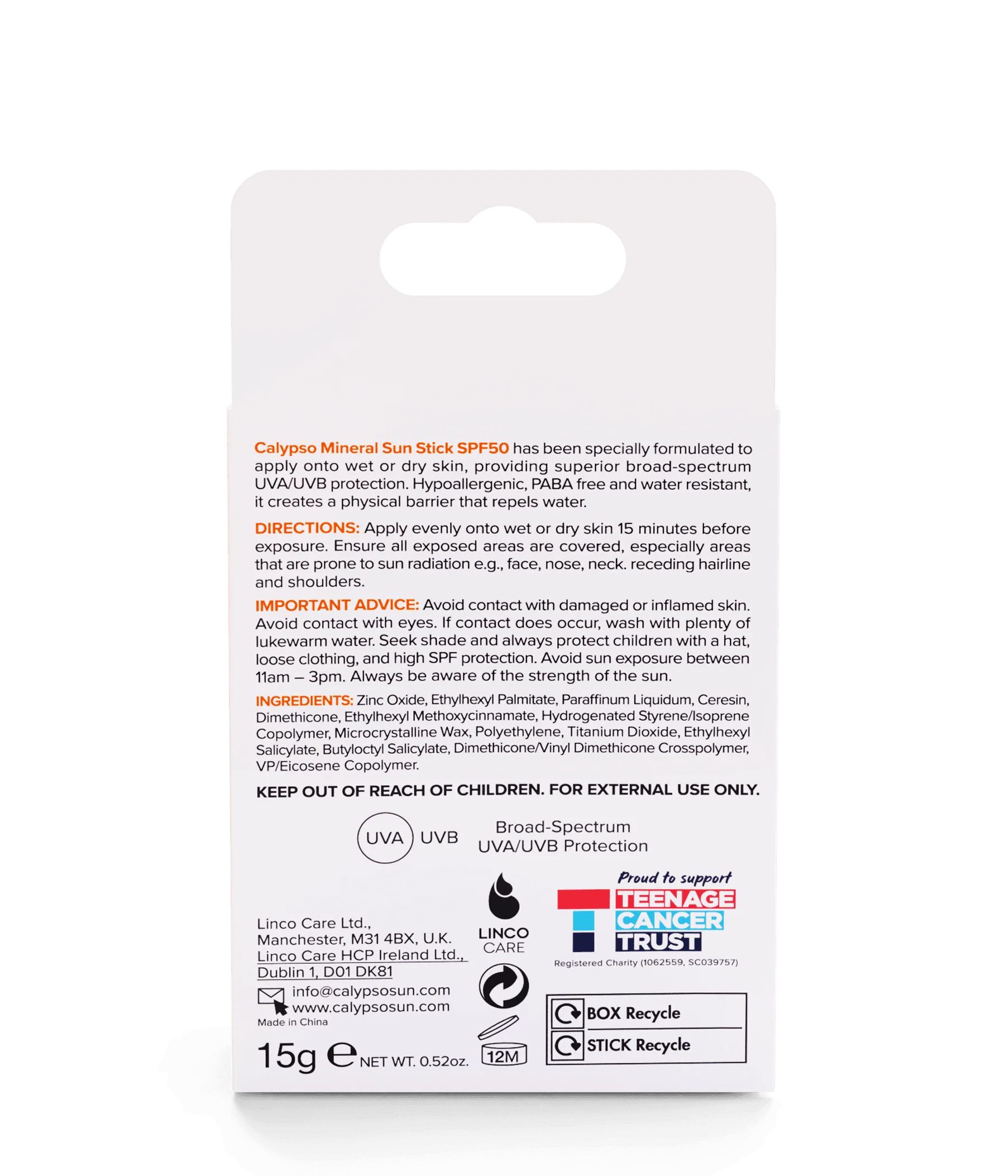Calypso Active Mineral Sun Stick SPF50 15g UVA/UVB Protection - Image 3