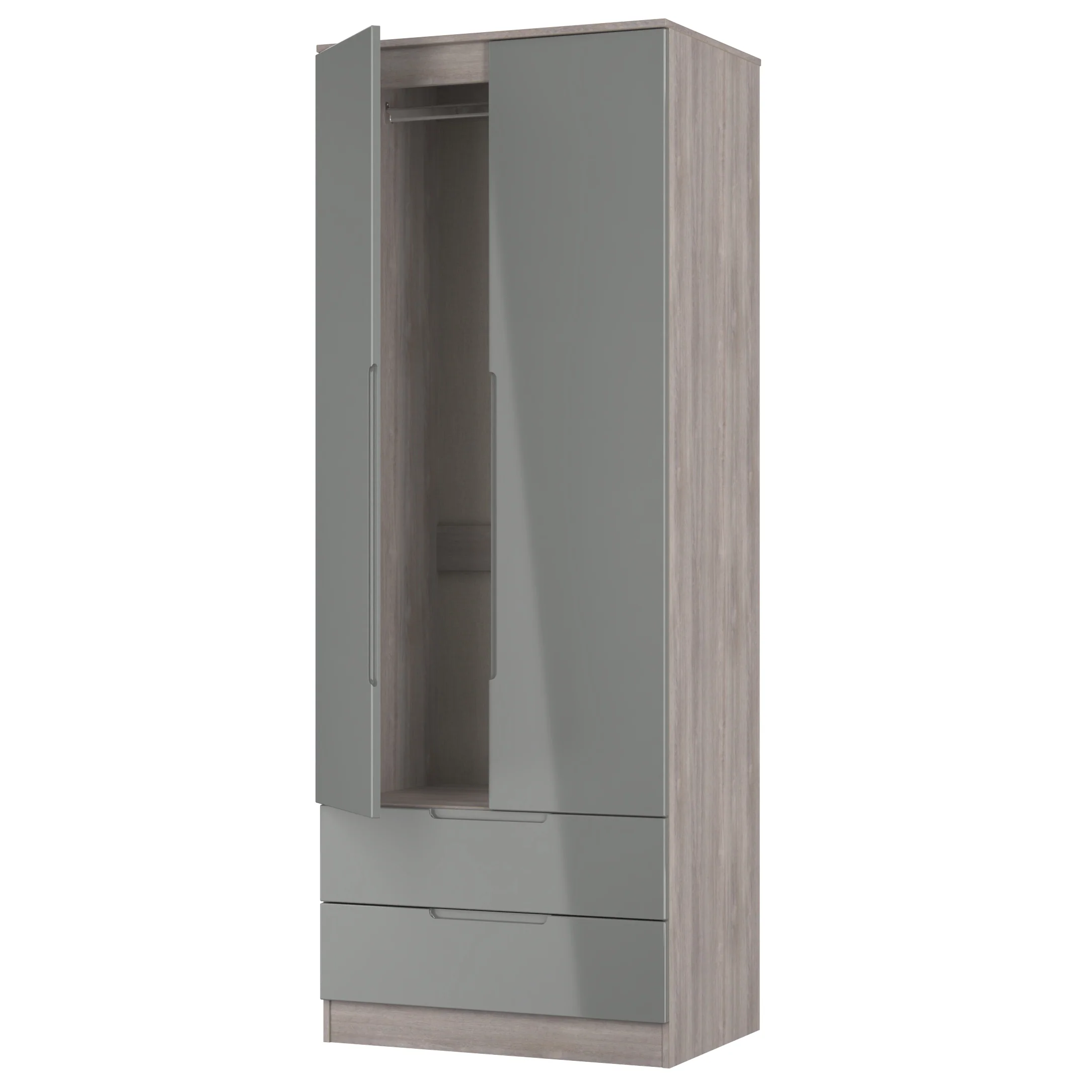 Cannes Ready Assembled 2 Door 2 Drawer Wardrobe in Grey Gloss & Grey Oak - Image 6