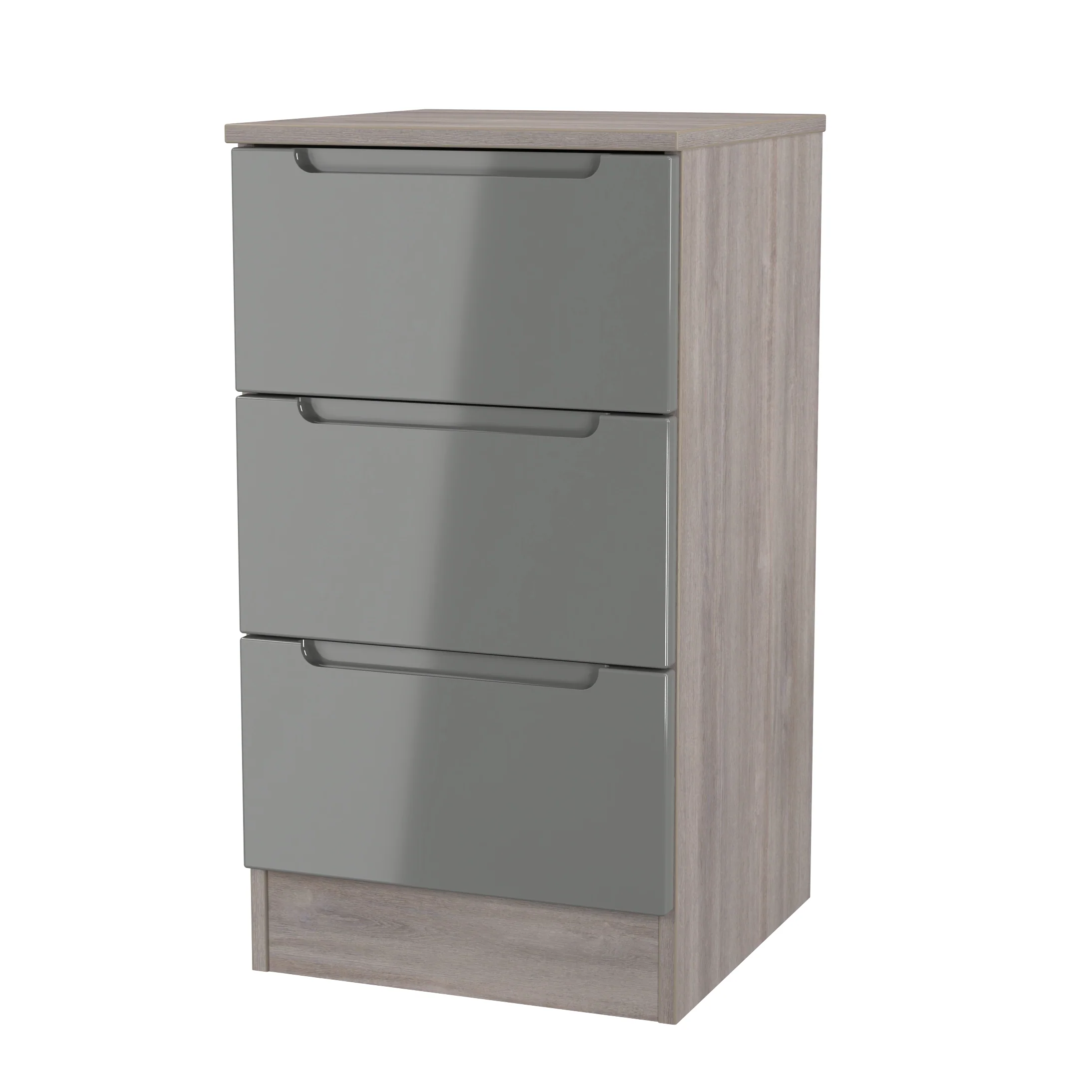 Cannes Ready Assembled 3 Drawer Bedside Cabinet in Grey Gloss & Grey Oak - Image 4