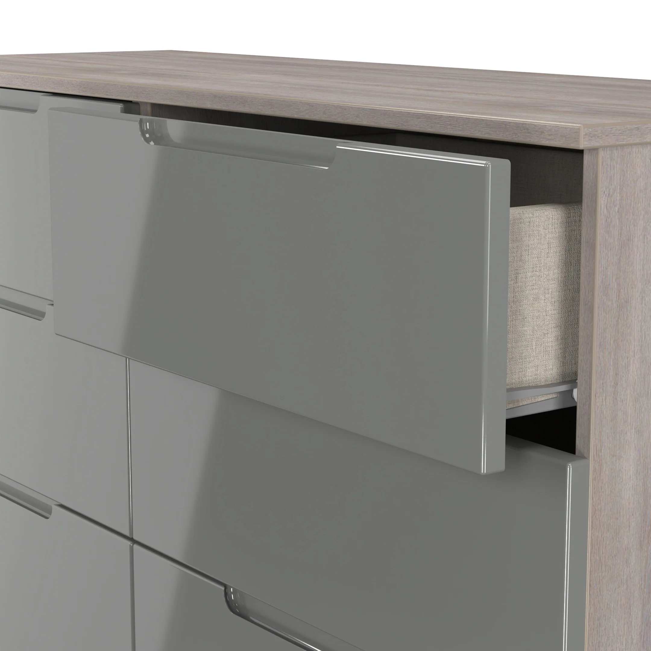 Cannes Ready Assembled 6 Drawer Wide Chest in Grey Gloss & Grey Oak - Image 6