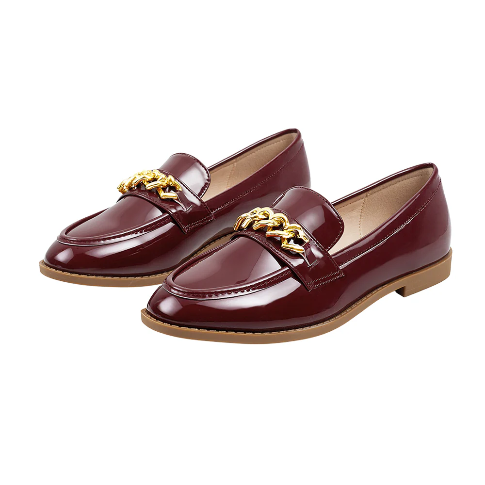 Casual Closed Toe Slip-on Chain Loafers with Low Heel - Red - Image 3