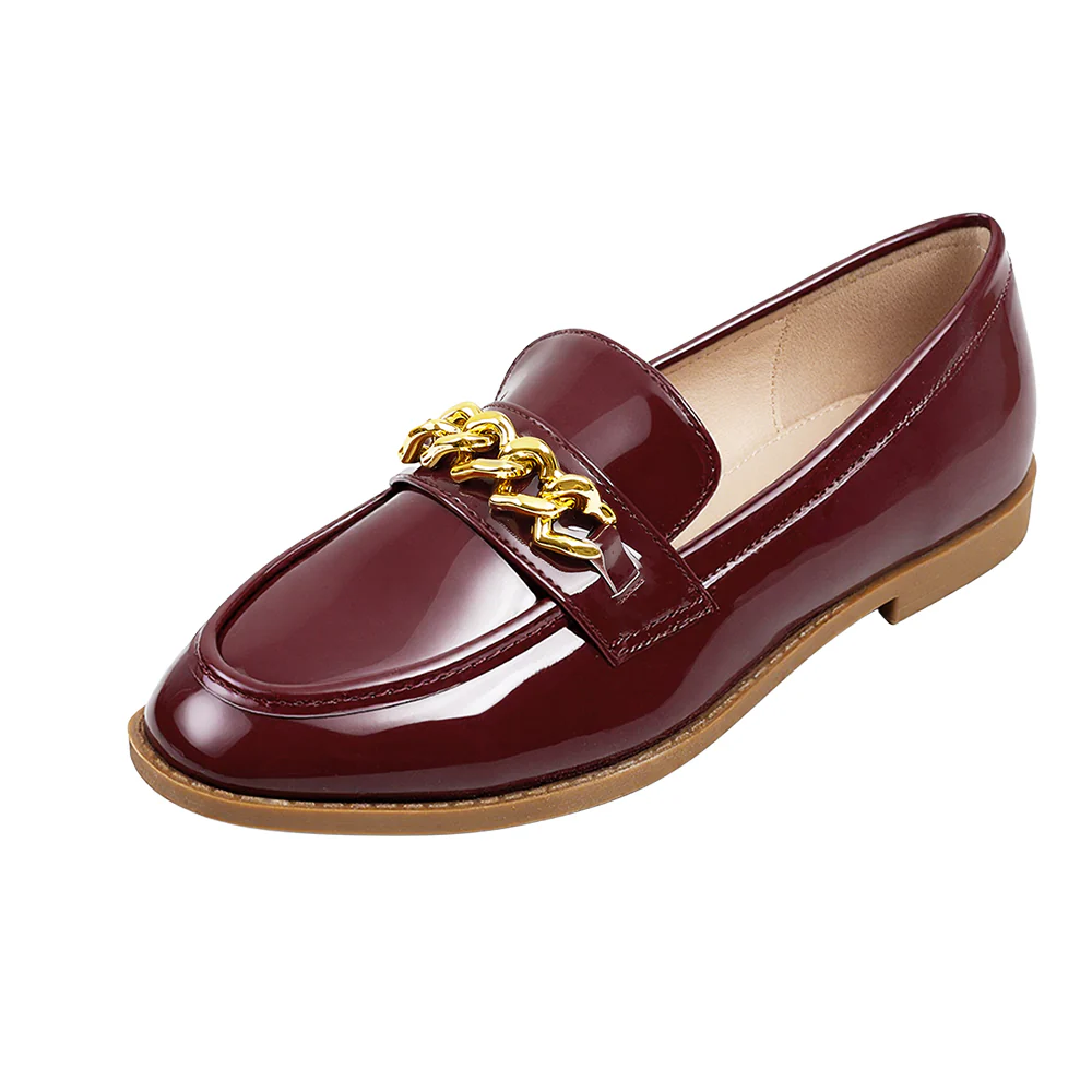 Casual Closed Toe Slip-on Chain Loafers with Low Heel - Red - Image 4
