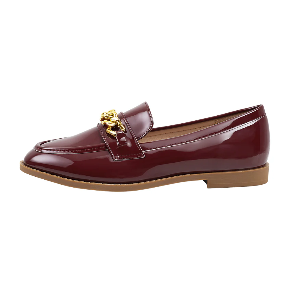 Casual Closed Toe Slip-on Chain Loafers with Low Heel - Red - Image 5