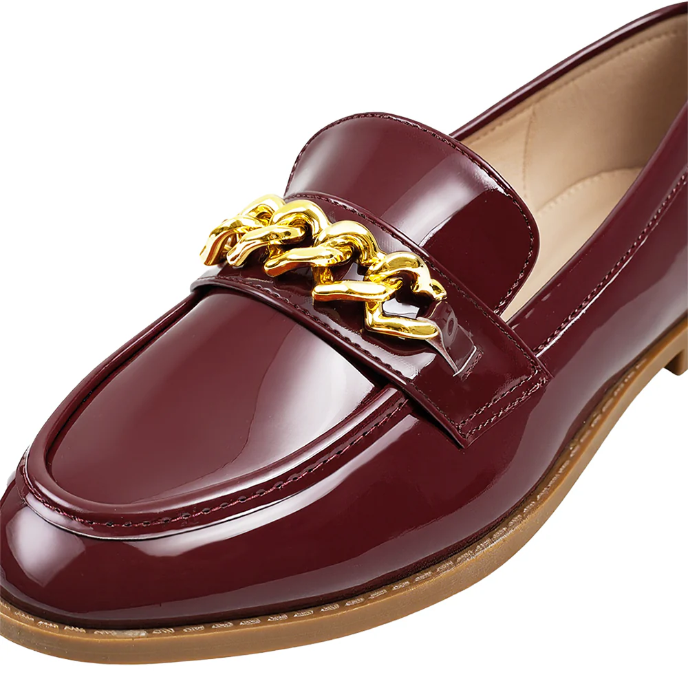 Casual Closed Toe Slip-on Chain Loafers with Low Heel - Red - Image 7