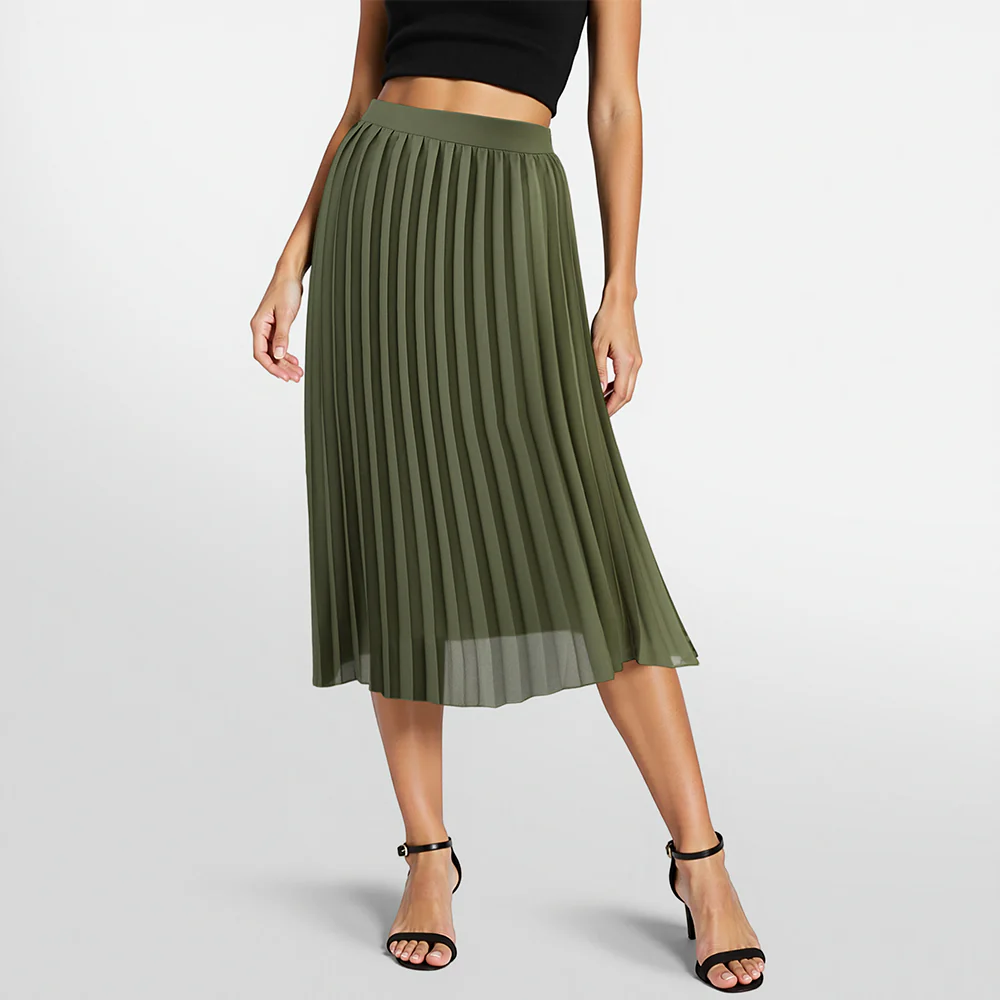 Casual High-Waisted A-Line Pleated Skirt - Green