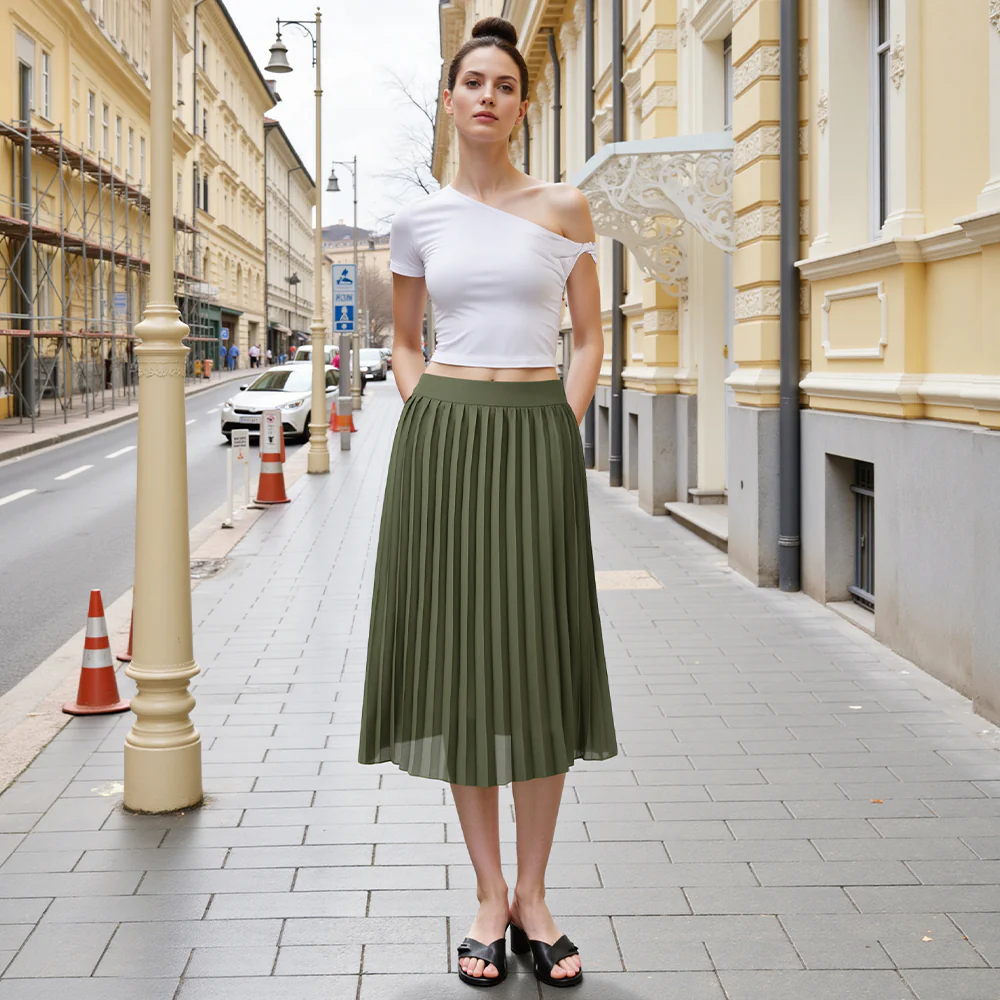 Casual High-Waisted A-Line Pleated Skirt - Green - Image 2