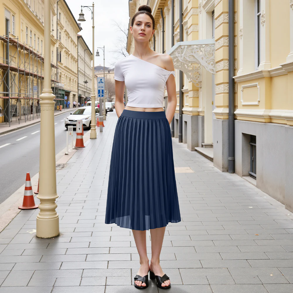 Casual High-Waisted A-Line Pleated Skirt - Blue - Image 2