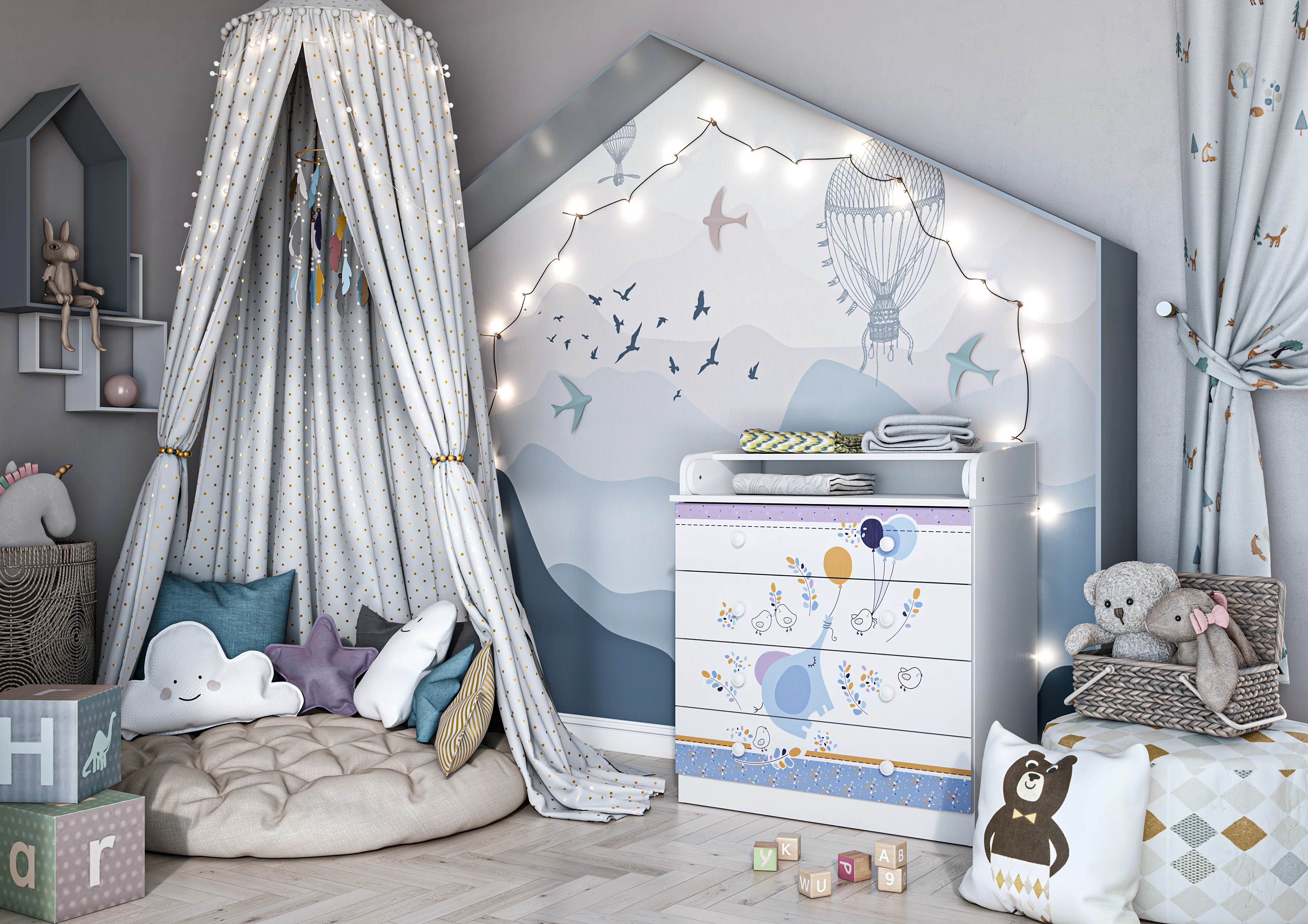 Changing Dresser 800 Shefa Kids, White, Elephant With Balloon - Image 6