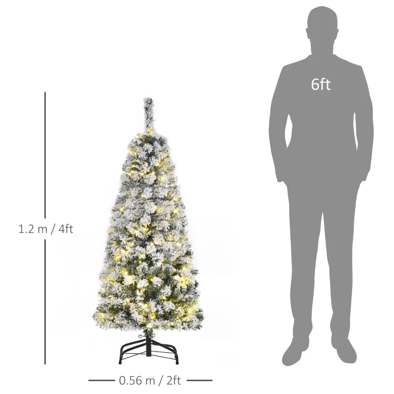 HOMCOM 4FT Prelit Artificial Snow Flocked Christmas Tree with Warm White LED Light- Green White - Image 4