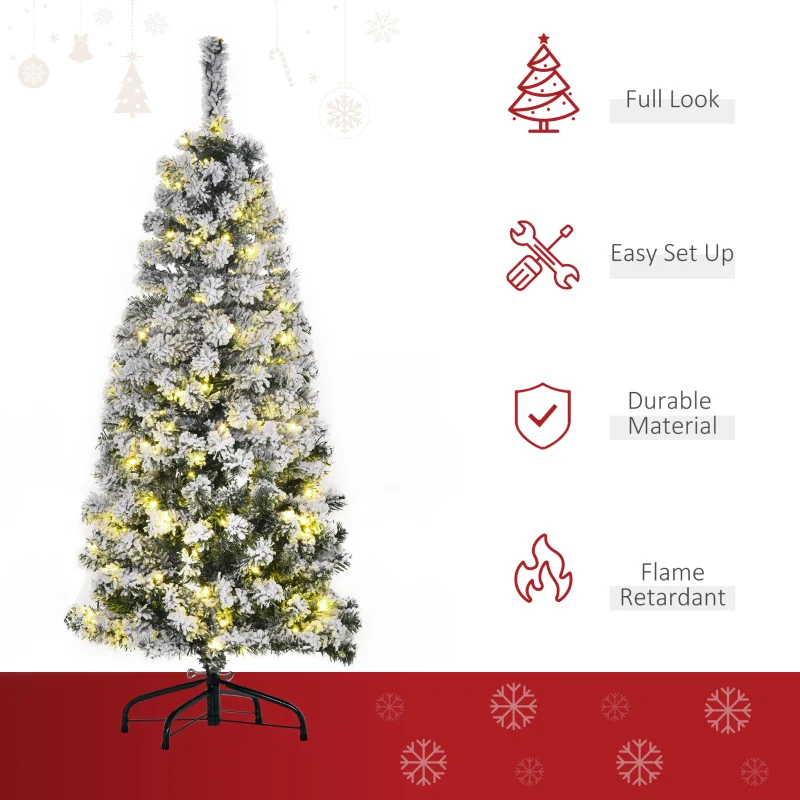 HOMCOM 4FT Prelit Artificial Snow Flocked Christmas Tree with Warm White LED Light- Green White - Image 5