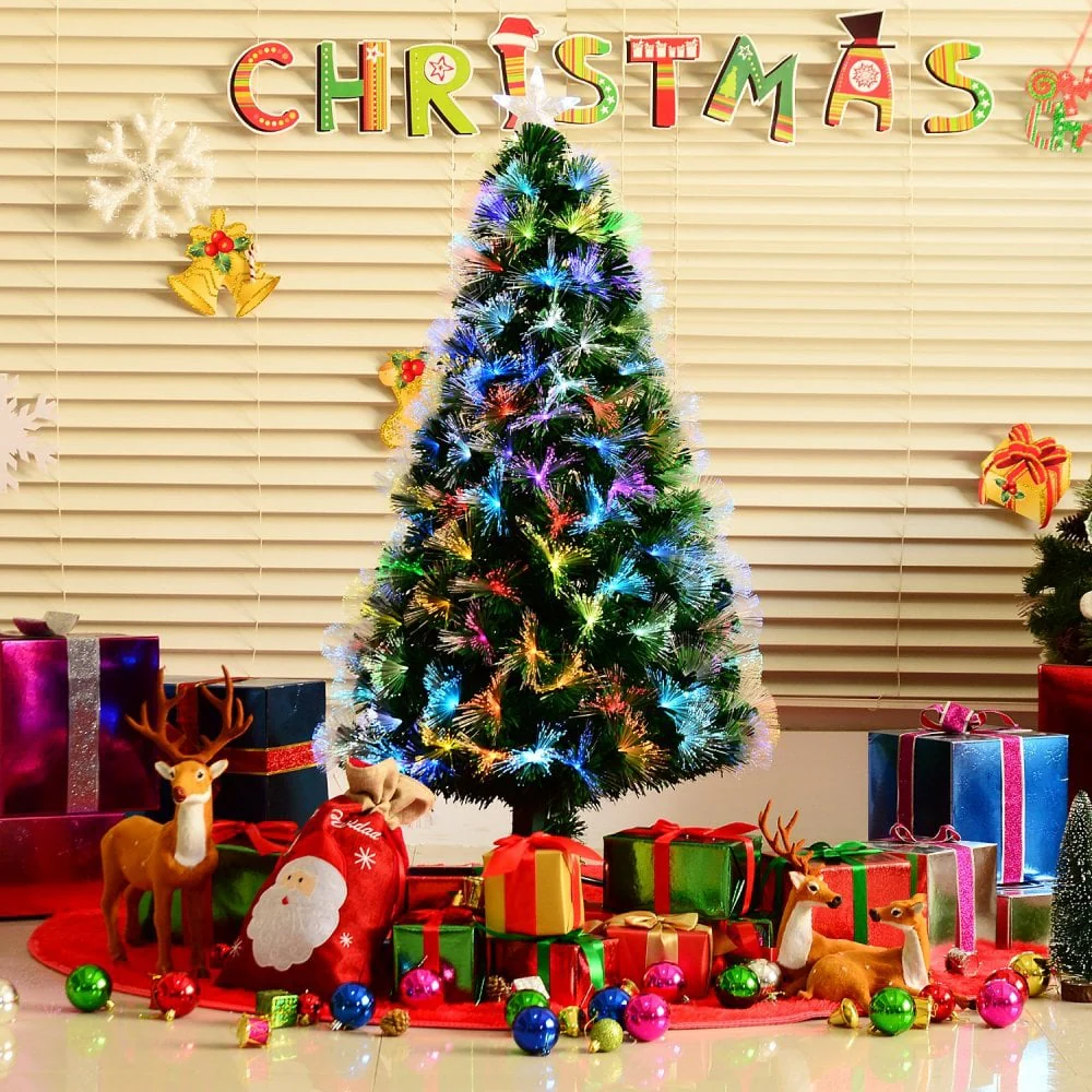 Christmas Time 4ft Tall Artificial Tree Fiber Optic Colorful LED Pre-Lit Holiday Home Christmas Decoration with Flash Mode - Green