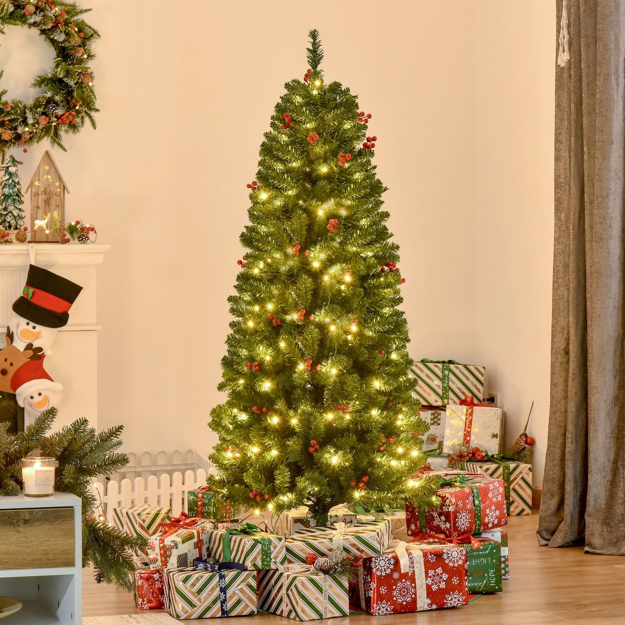 Christmas Time 5FT Prelit Artificial Pencil Christmas Tree W/ LED Light, Berry, Xmas Decor