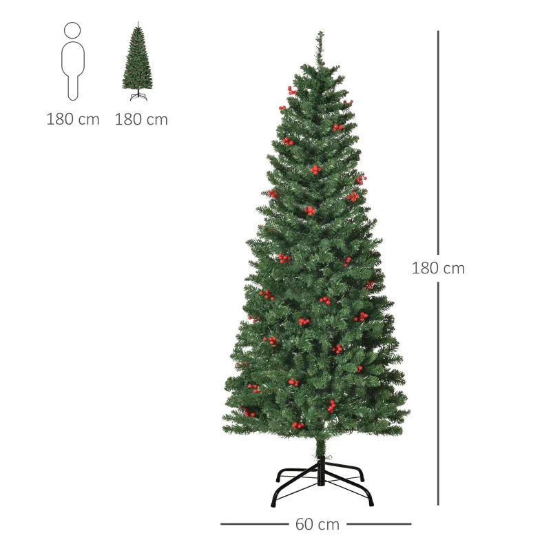 HOMCOM 6FT Prelit Artificial Pencil Christmas Tree with Warm White LED Light, Red Berry, Green - Image 2