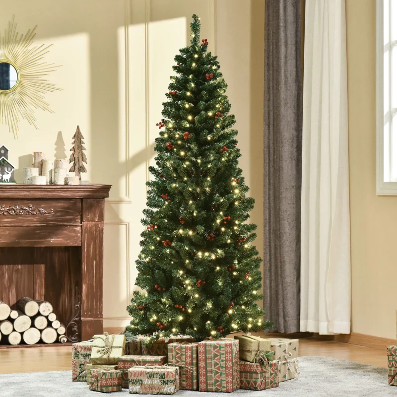 HOMCOM 6FT Prelit Artificial Pencil Christmas Tree with Warm White LED Light, Red Berry, Green - Image 4
