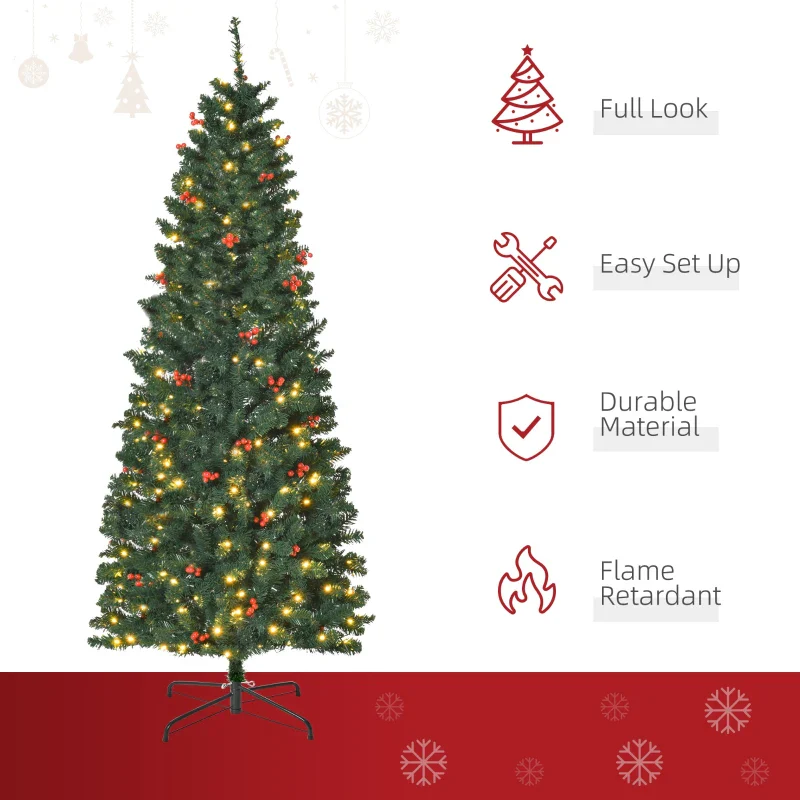 HOMCOM 6FT Prelit Artificial Pencil Christmas Tree with Warm White LED Light, Red Berry, Green - Image 5