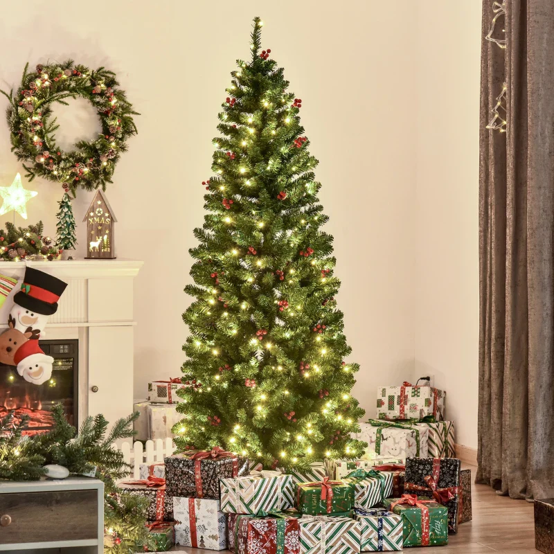 HOMCOM 6FT Prelit Artificial Pencil Christmas Tree with Warm White LED Light, Red Berry, Green - Image 9