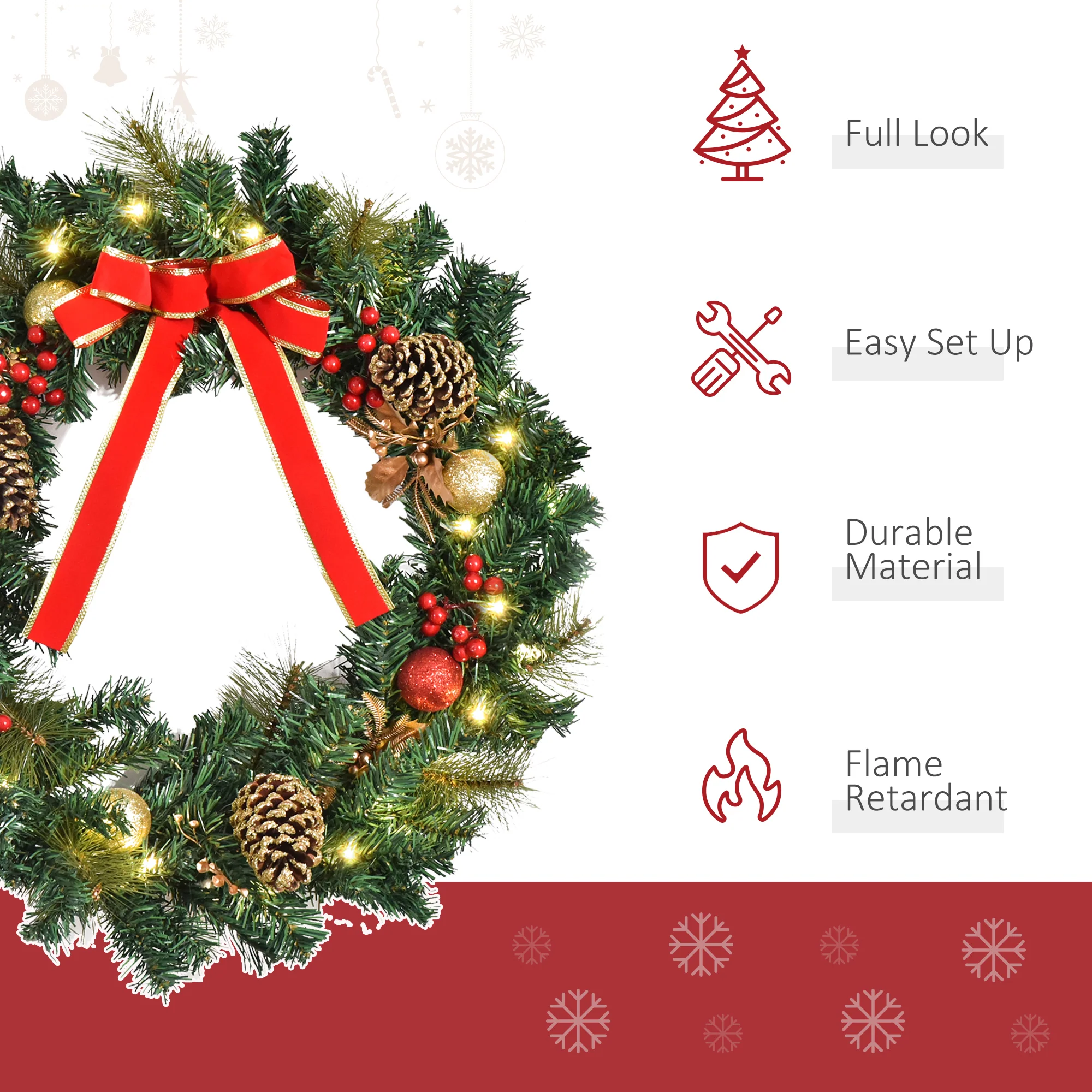 Christmas Time Pre-Lit Artificial Christmas Door Wreath, 60 Cm Diameter - Image 3