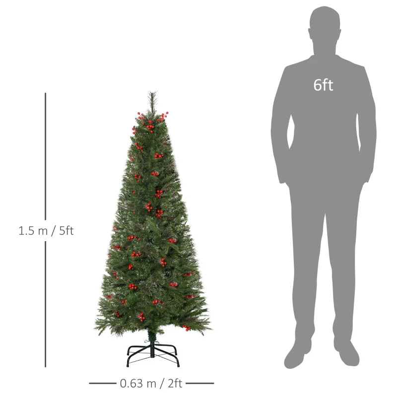 HOMCOM 1.5m Christmas Tree Slim 5' with Berries - Image 3