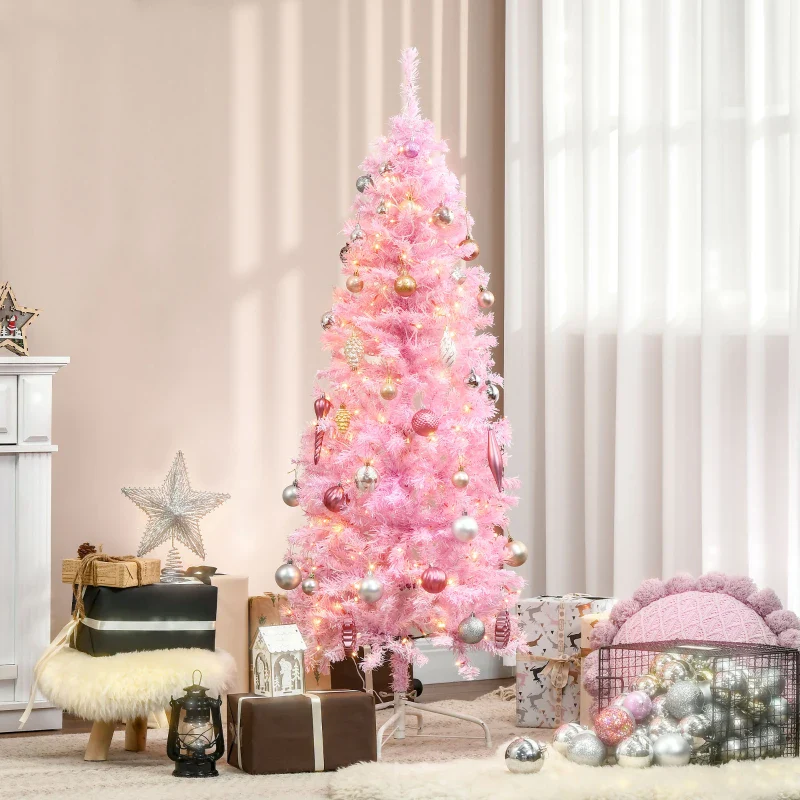HOMCOM Christmas Tree Slim Pink 5' with 250 Warm White LED Lights - Image 10