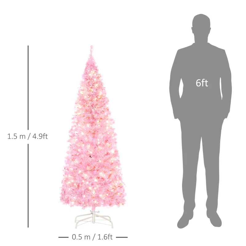 HOMCOM Christmas Tree Slim Pink 5' with 250 Warm White LED Lights - Image 3