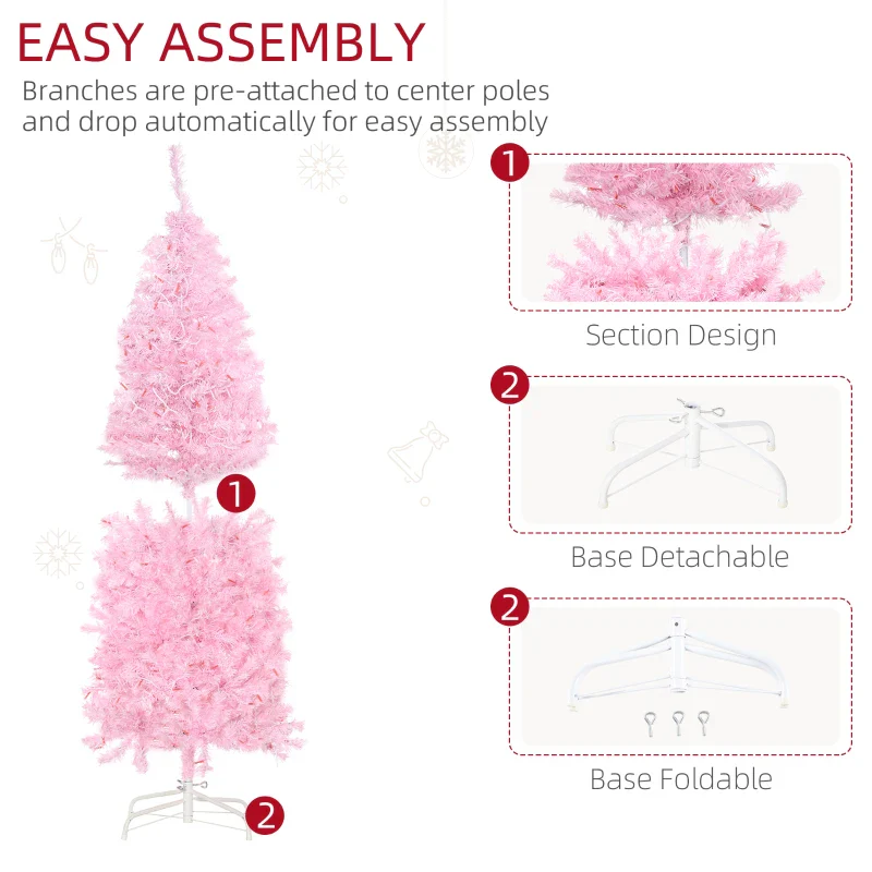 HOMCOM Christmas Tree Slim Pink 5' with 250 Warm White LED Lights - Image 6