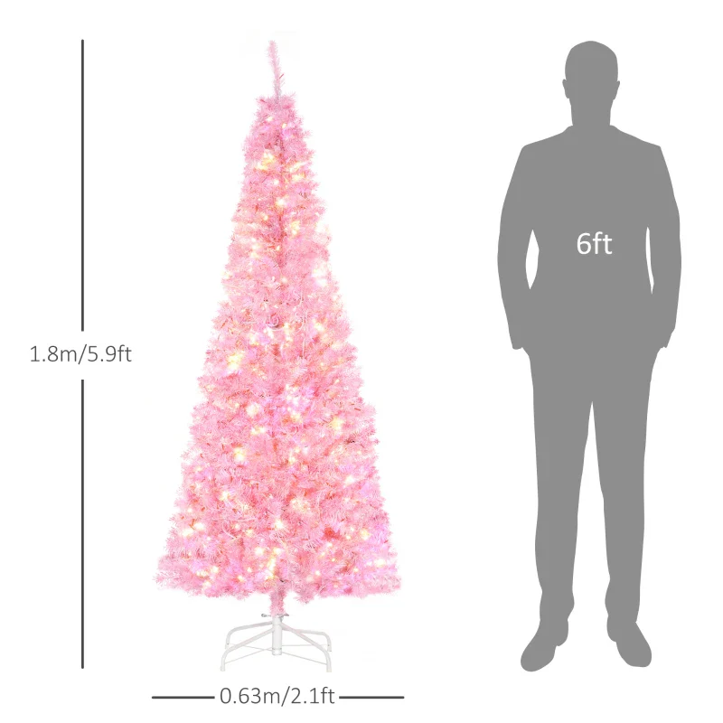 HOMCOM Christmas Tree Slim Pink 6' with 300 Warm White LED Lights - Image 3