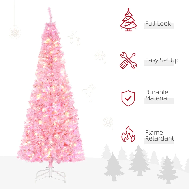 HOMCOM Christmas Tree Slim Pink 6' with 300 Warm White LED Lights - Image 4