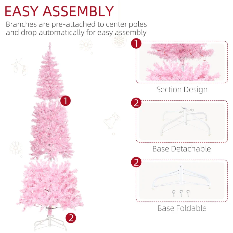 HOMCOM Christmas Tree Slim Pink 6' with 300 Warm White LED Lights - Image 5