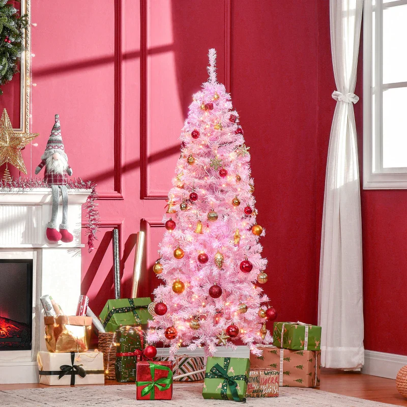 HOMCOM Christmas Tree Slim Pink 7' with 350 Warm White LED Lights - Image 2