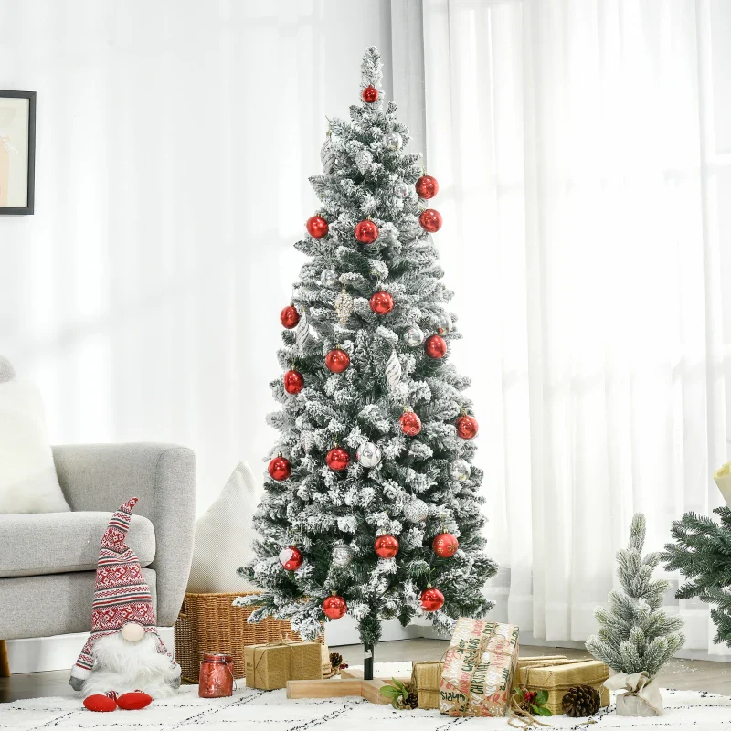 HOMCOM Christmas Tree Snow Flocked Slim 5' with Pinewood Base - Image 10