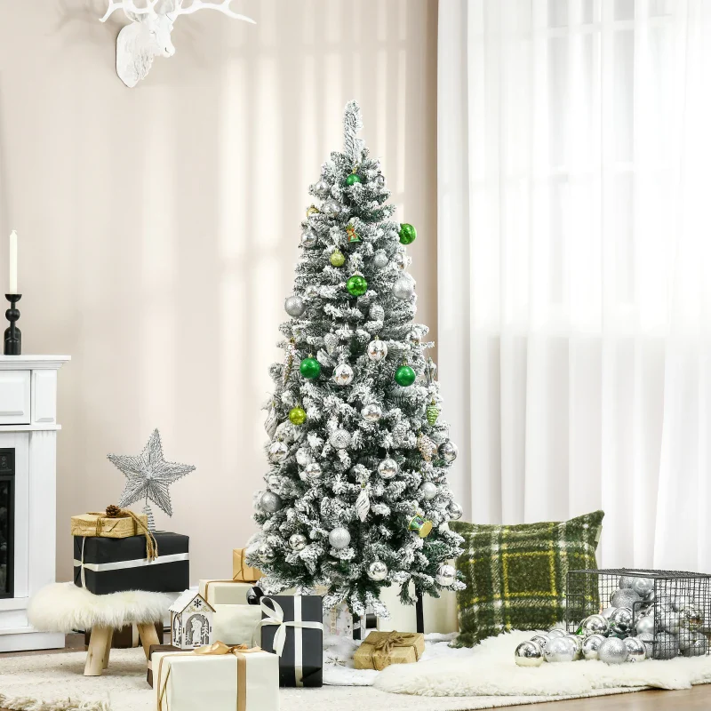 HOMCOM Christmas Tree Snow Flocked Slim 5' with Pinewood Base - Image 2
