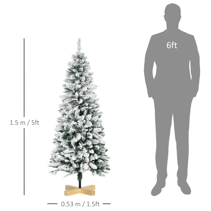 HOMCOM Christmas Tree Snow Flocked Slim 5' with Pinewood Base - Image 3