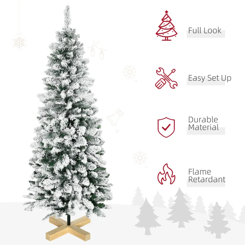 HOMCOM Christmas Tree Snow Flocked Slim 5' with Pinewood Base - Image 4