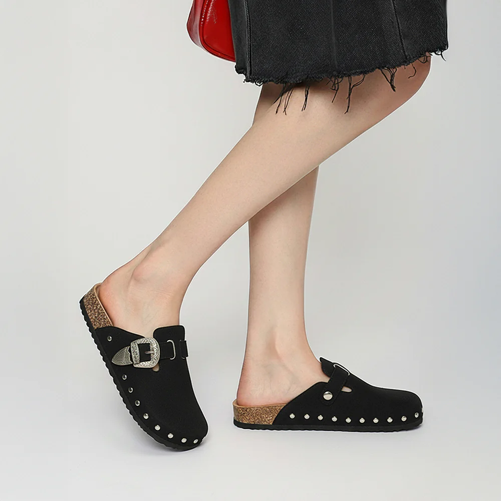 Closed-Toe Slip-On Mules Sandals - Black Studded - Image 2