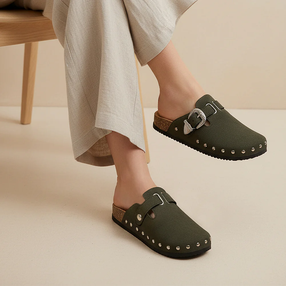 Closed-Toe Slip-On Mules Sandals - Dark Green
