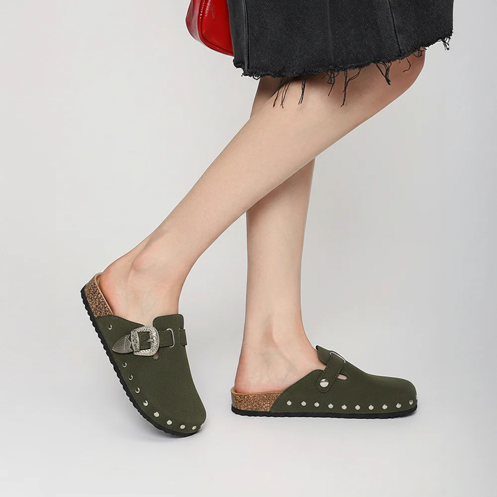 Closed-Toe Slip-On Mules Sandals - Dark Green - Image 2