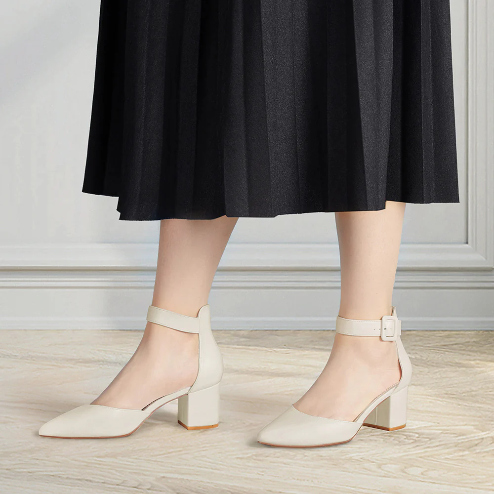 Comfortable Closed Toe Block Heels Pumps - Beige - Image 2
